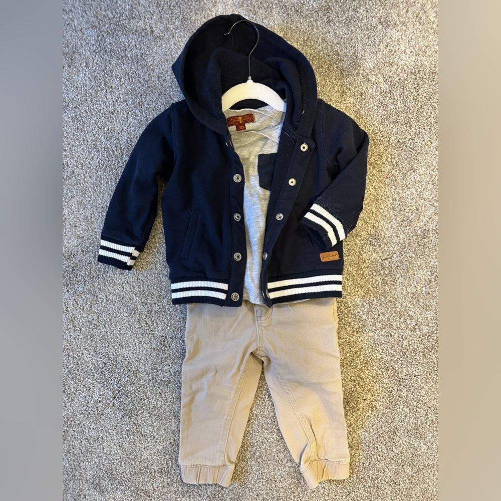 7 For All Mankind Navy Jacket with Gray T-shirt and Khaki Pants